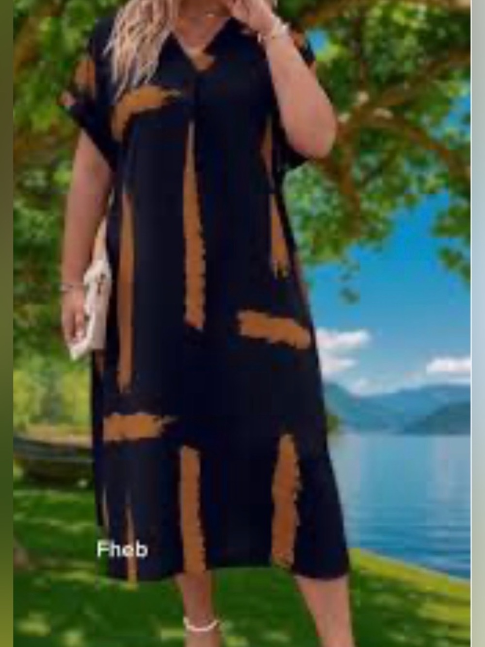 Plus-Size Black Midi Dress with Bold Rust Brushstroke Print